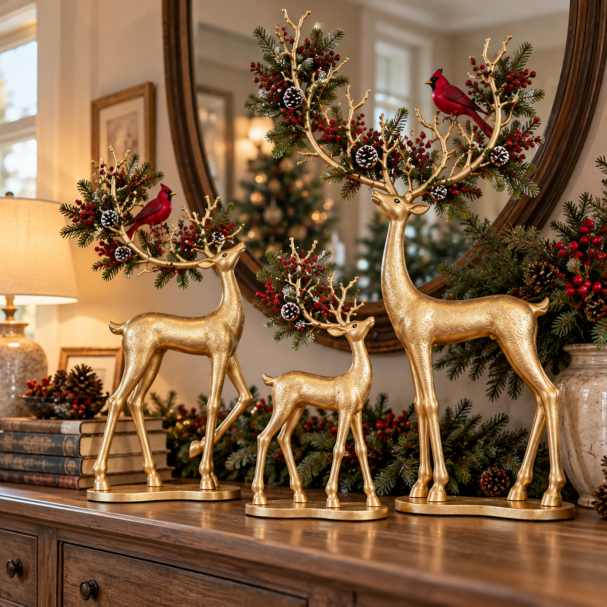 ✨ Cardinal Woodland Reindeer™ – Lighted Golden Christmas Deer Decorations
