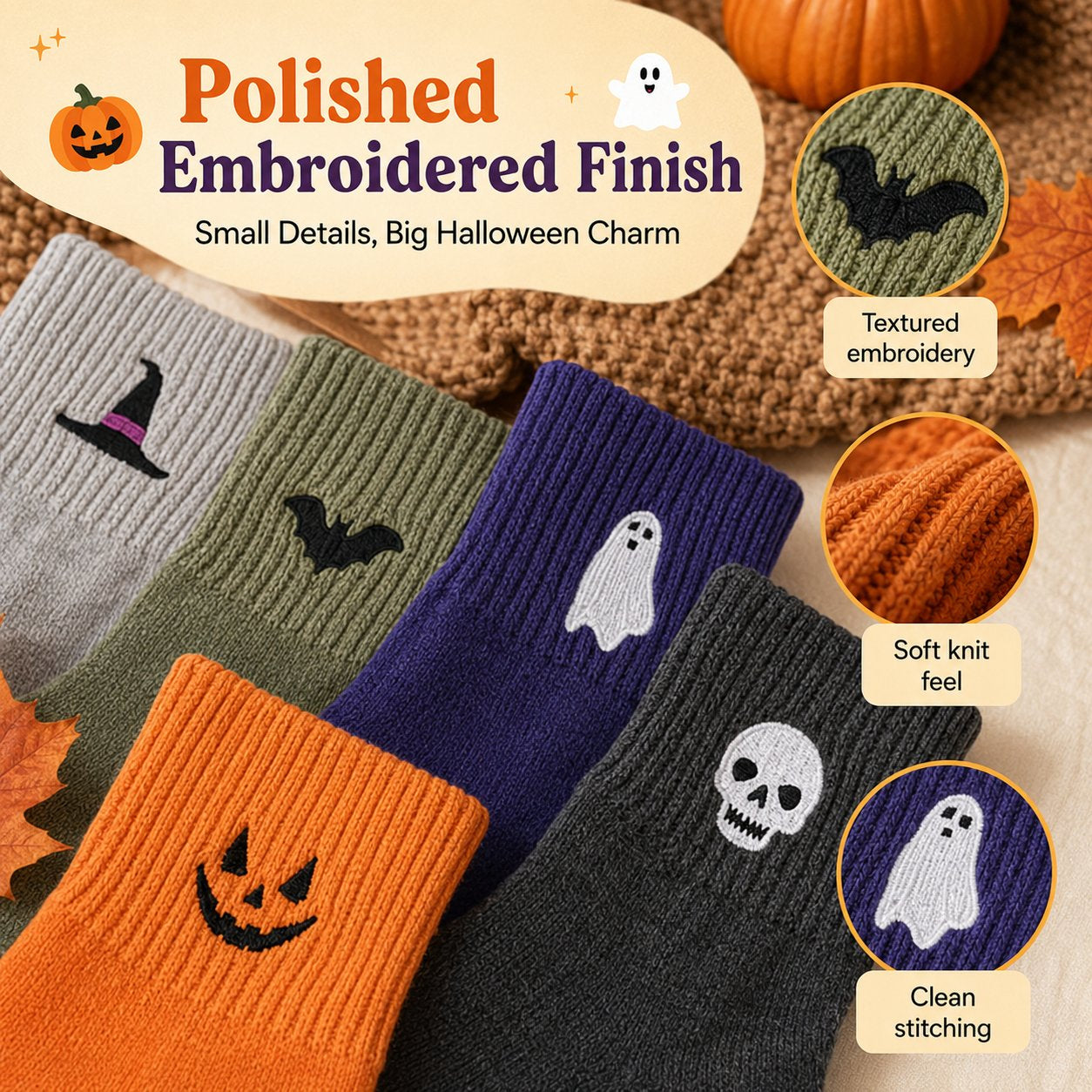 Halloween Embroidered Crew Socks