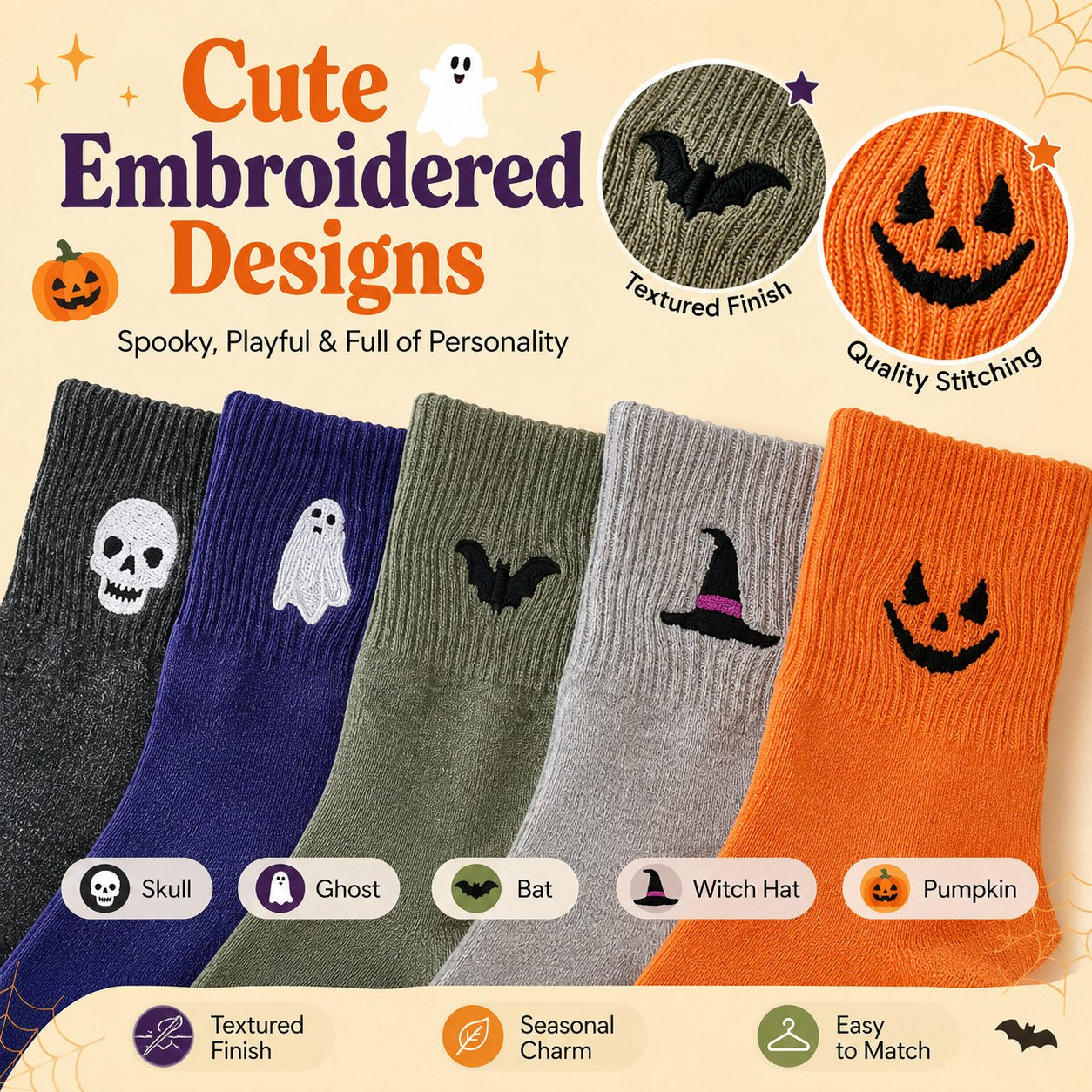 Halloween Embroidered Crew Socks