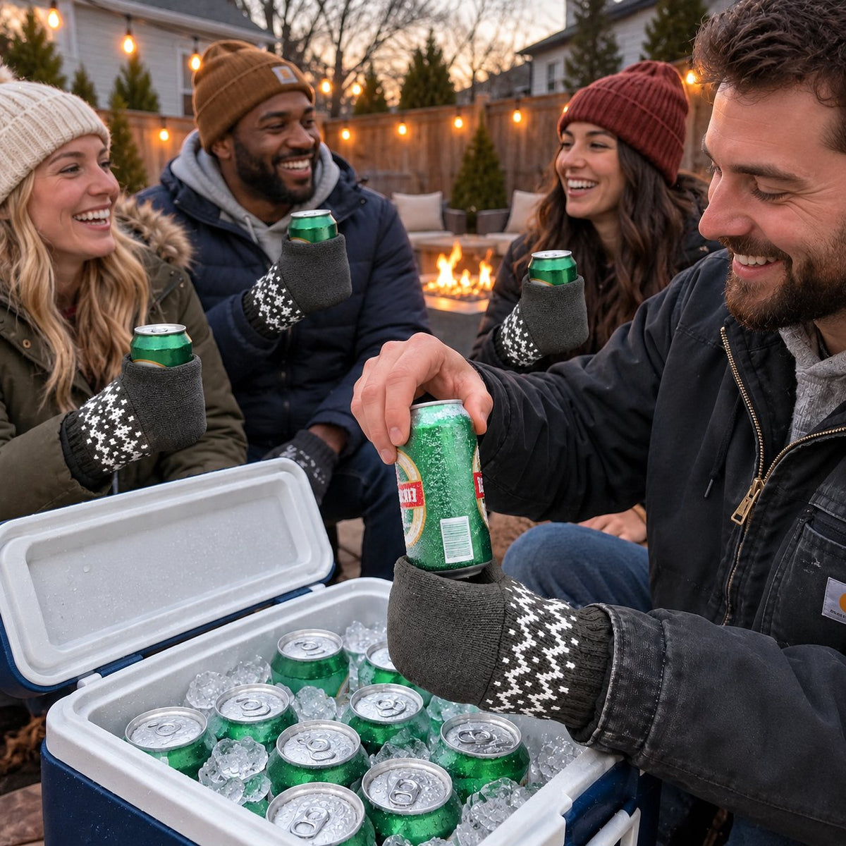 Friends outdoors around a fire holding beverages in knitted drink mittens