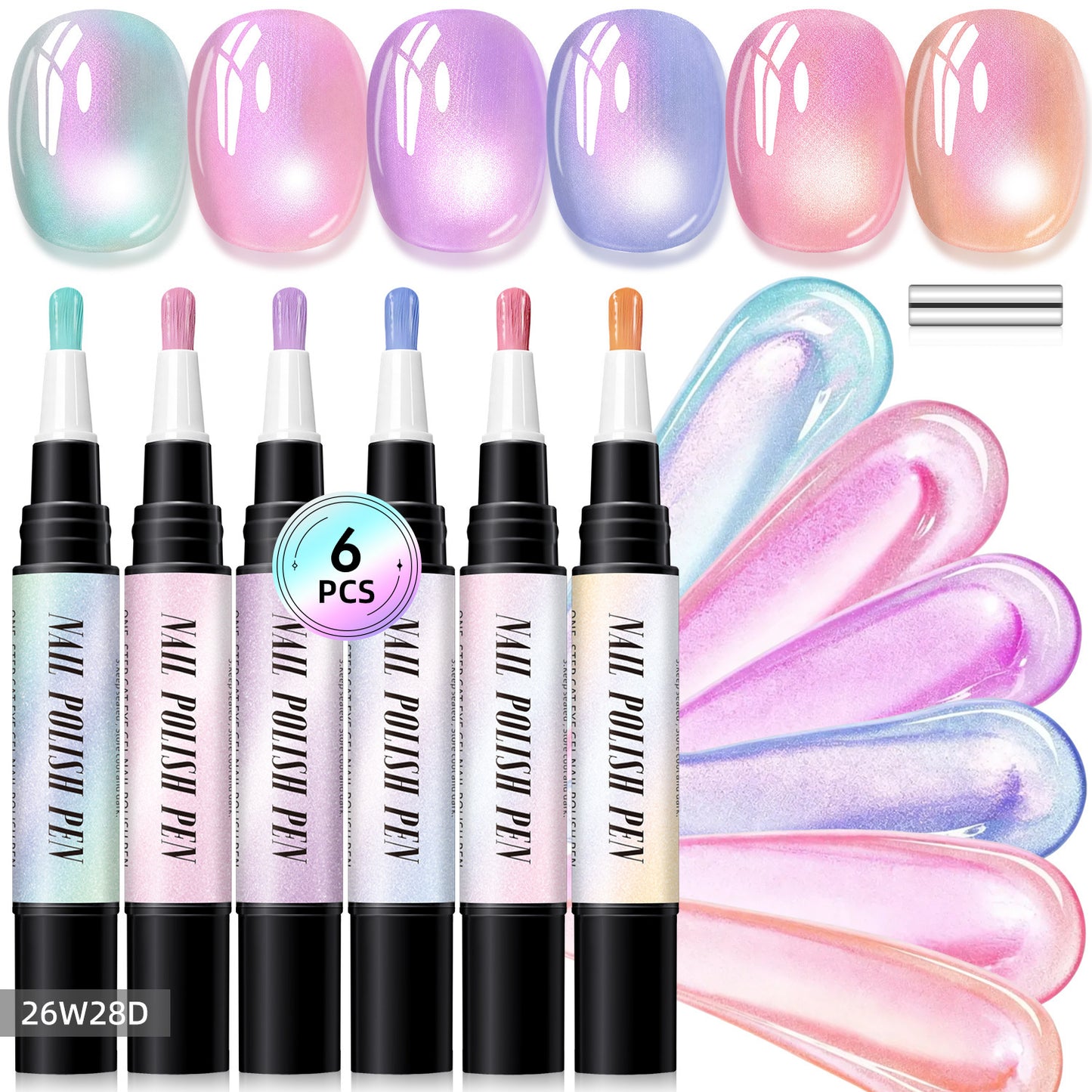 6-Piece One-Step Gel Nail Art Pen Set — Cat-Eye & Polarized Glitter, Salon Finish at Home