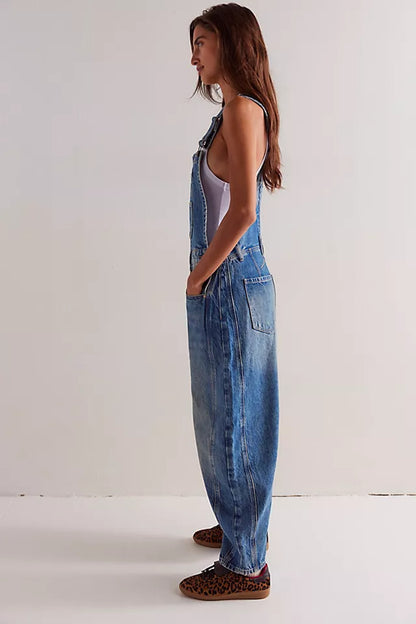 Women's Wide Leg Denim Overalls | Relaxed Barrel Fit Bib Jumpsuit