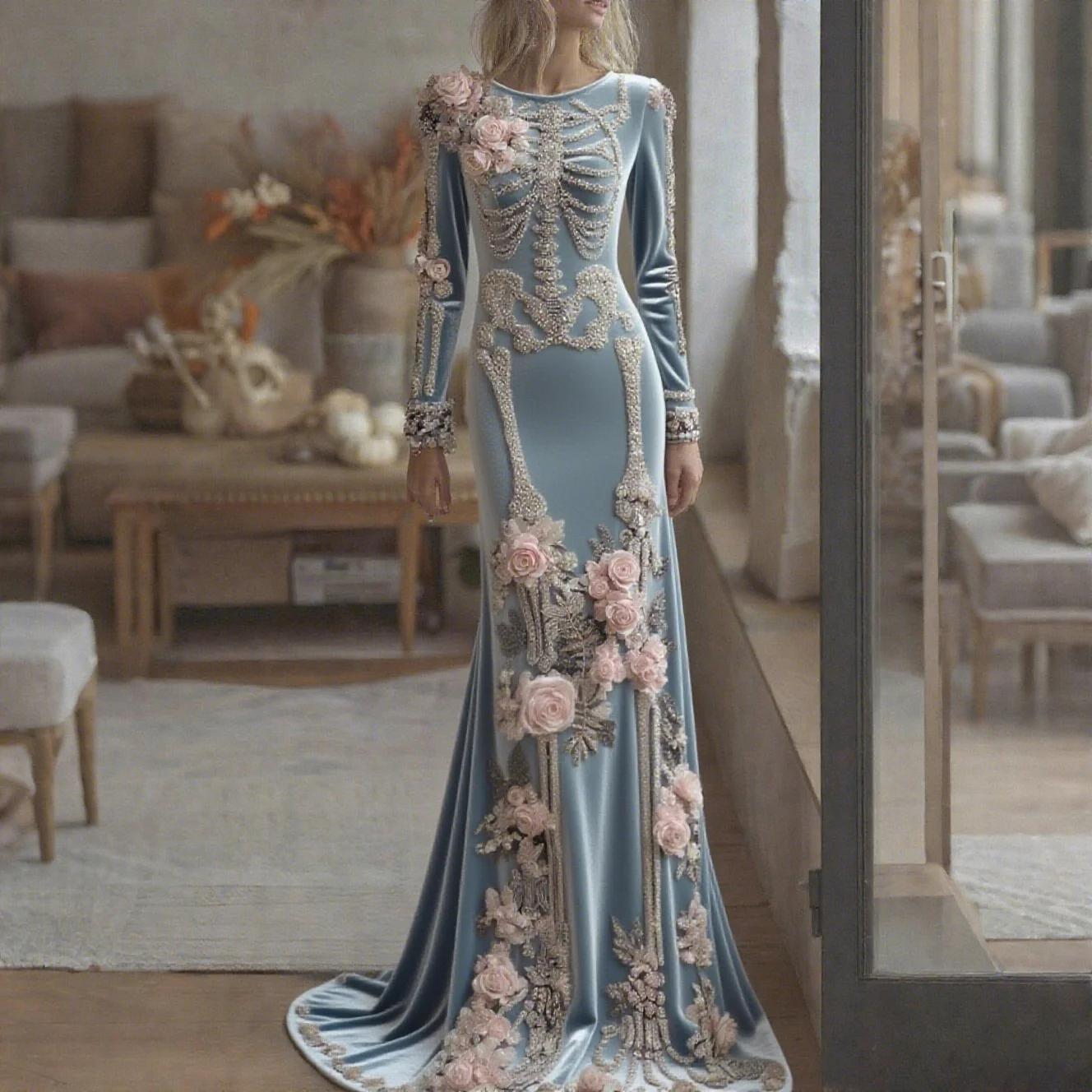 Halloween Skeleton Floral Maxi Gown | Long Sleeve Mermaid Dress