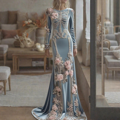 Halloween Skeleton Floral Maxi Gown | Long Sleeve Mermaid Dress