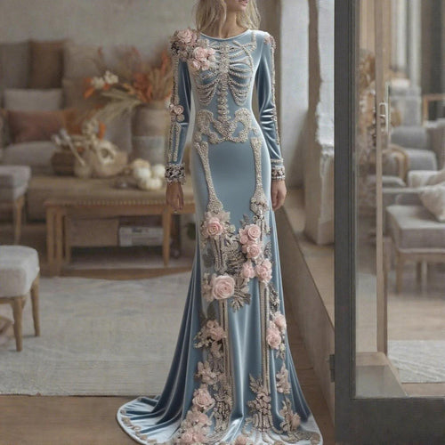 Halloween Skeleton Floral Maxi Gown | Long Sleeve Mermaid Dress