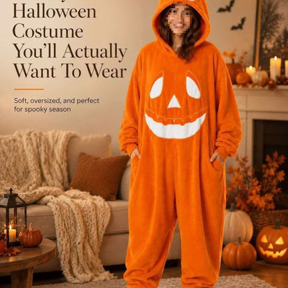 🎃 Unisex Pumpkin Halloween Onesie – Soft Plush Jumpsuit Pajamas with Hood & Pockets