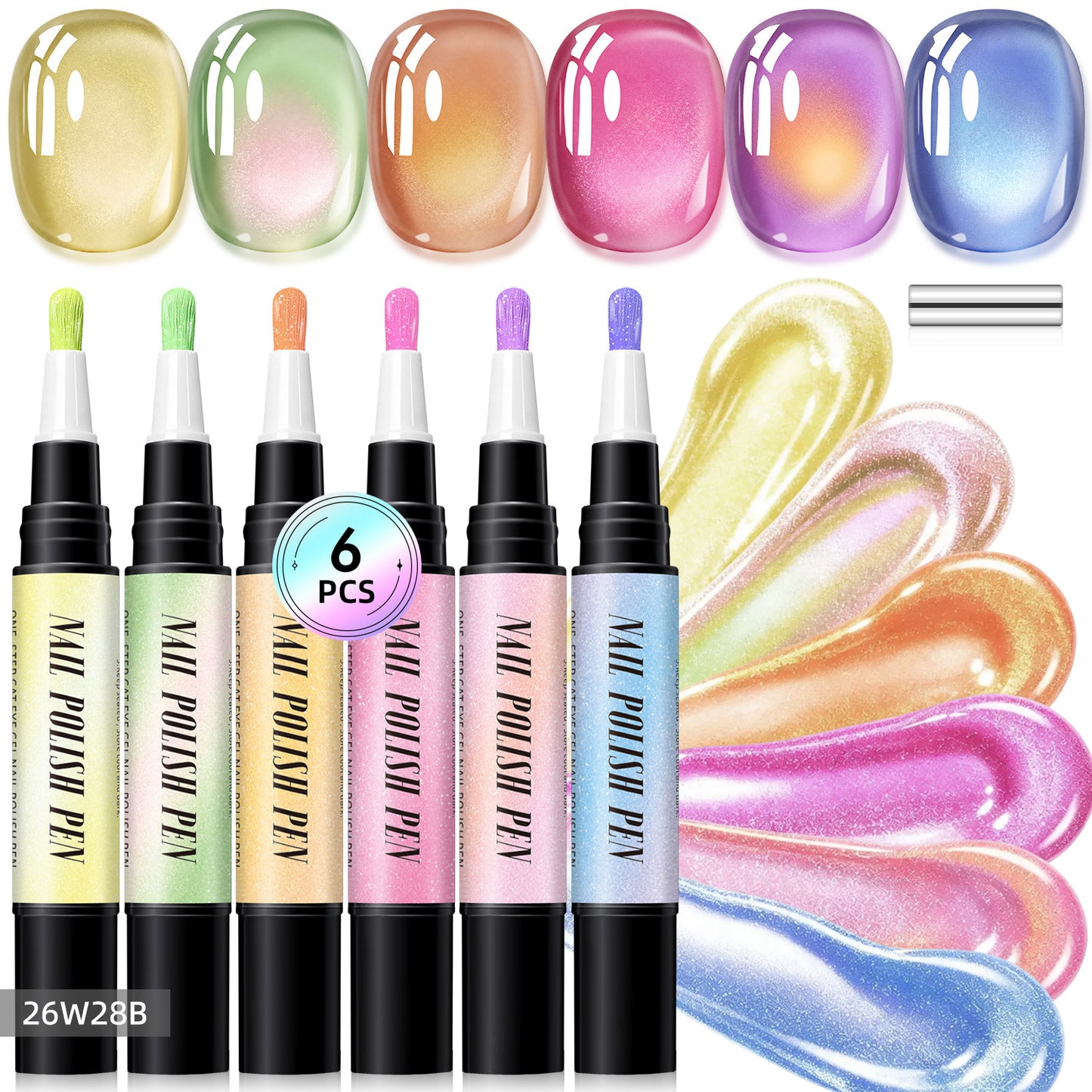6-Piece One-Step Gel Nail Art Pen Set — Cat-Eye & Polarized Glitter, Salon Finish at Home