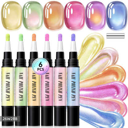 6-Piece One-Step Gel Nail Art Pen Set — Cat-Eye & Polarized Glitter, Salon Finish at Home