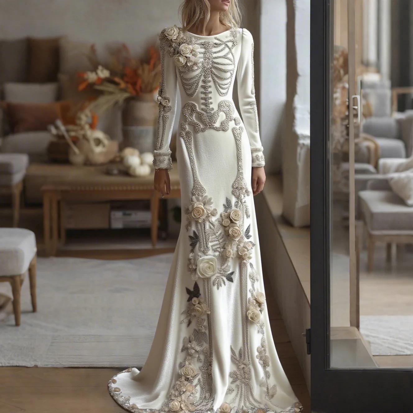 Halloween Skeleton Floral Maxi Gown | Long Sleeve Mermaid Dress