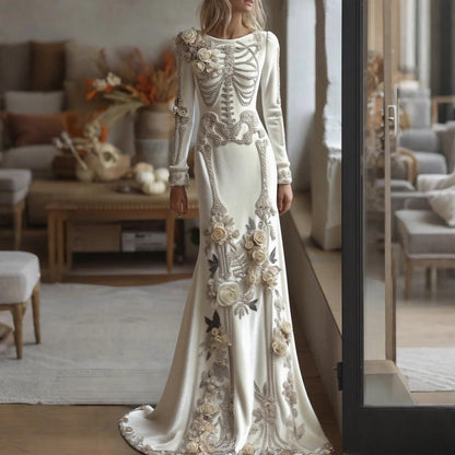 Halloween Skeleton Floral Maxi Gown | Long Sleeve Mermaid Dress