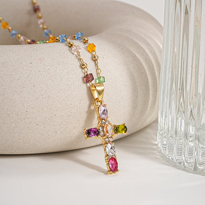 🌈 Rainbow Crystal Cross Pendant Necklace, Dopamine Colorful Beaded Gold Plated Clavicle Chain for Women