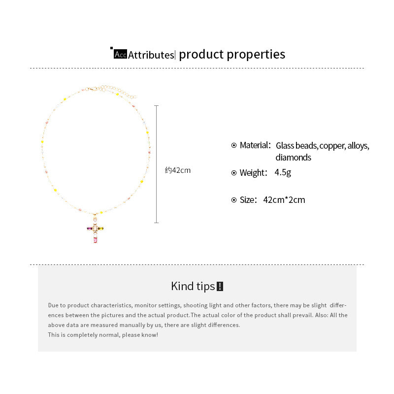 🌈 Rainbow Crystal Cross Pendant Necklace, Dopamine Colorful Beaded Gold Plated Clavicle Chain for Women