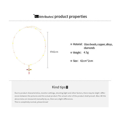 🌈 Rainbow Crystal Cross Pendant Necklace, Dopamine Colorful Beaded Gold Plated Clavicle Chain for Women