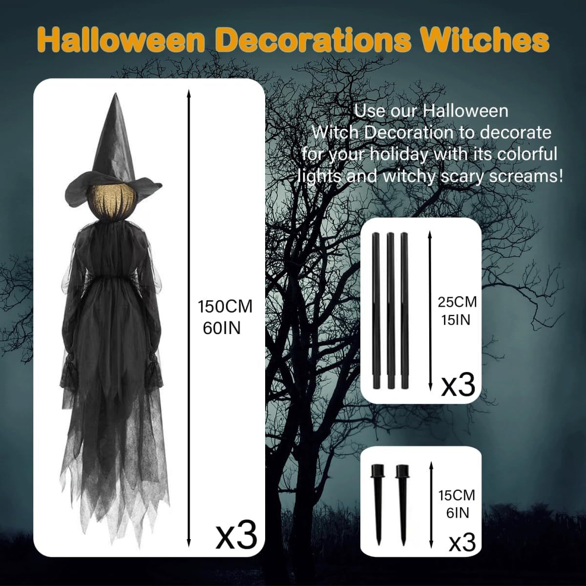 🧙♀️ 3 Pack Voice Control Light-Up Holding Hands Witch Decor
