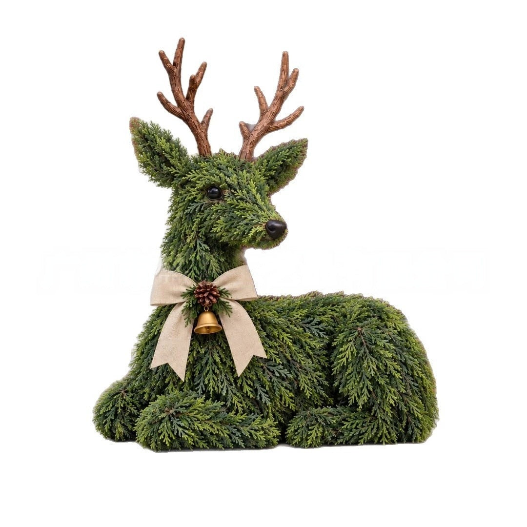 Christmas Evergreen Reindeer Decoration – Rustic Woodland Deer Figurine with Bow & Bell