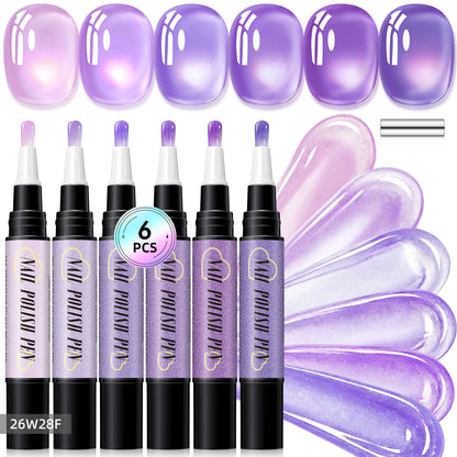 6-Piece One-Step Gel Nail Art Pen Set — Cat-Eye & Polarized Glitter, Salon Finish at Home