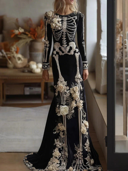 Halloween Skeleton Floral Maxi Gown | Long Sleeve Mermaid Dress