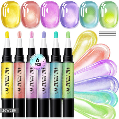 6-Piece One-Step Gel Nail Art Pen Set — Cat-Eye & Polarized Glitter, Salon Finish at Home