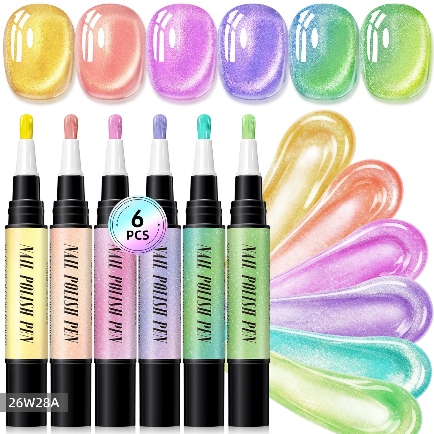 6-Piece One-Step Gel Nail Art Pen Set — Cat-Eye & Polarized Glitter, Salon Finish at Home