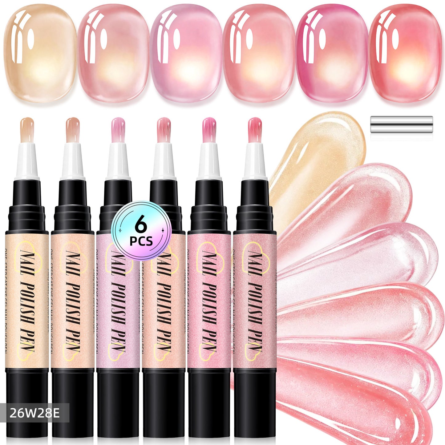 6-Piece One-Step Gel Nail Art Pen Set — Cat-Eye & Polarized Glitter, Salon Finish at Home