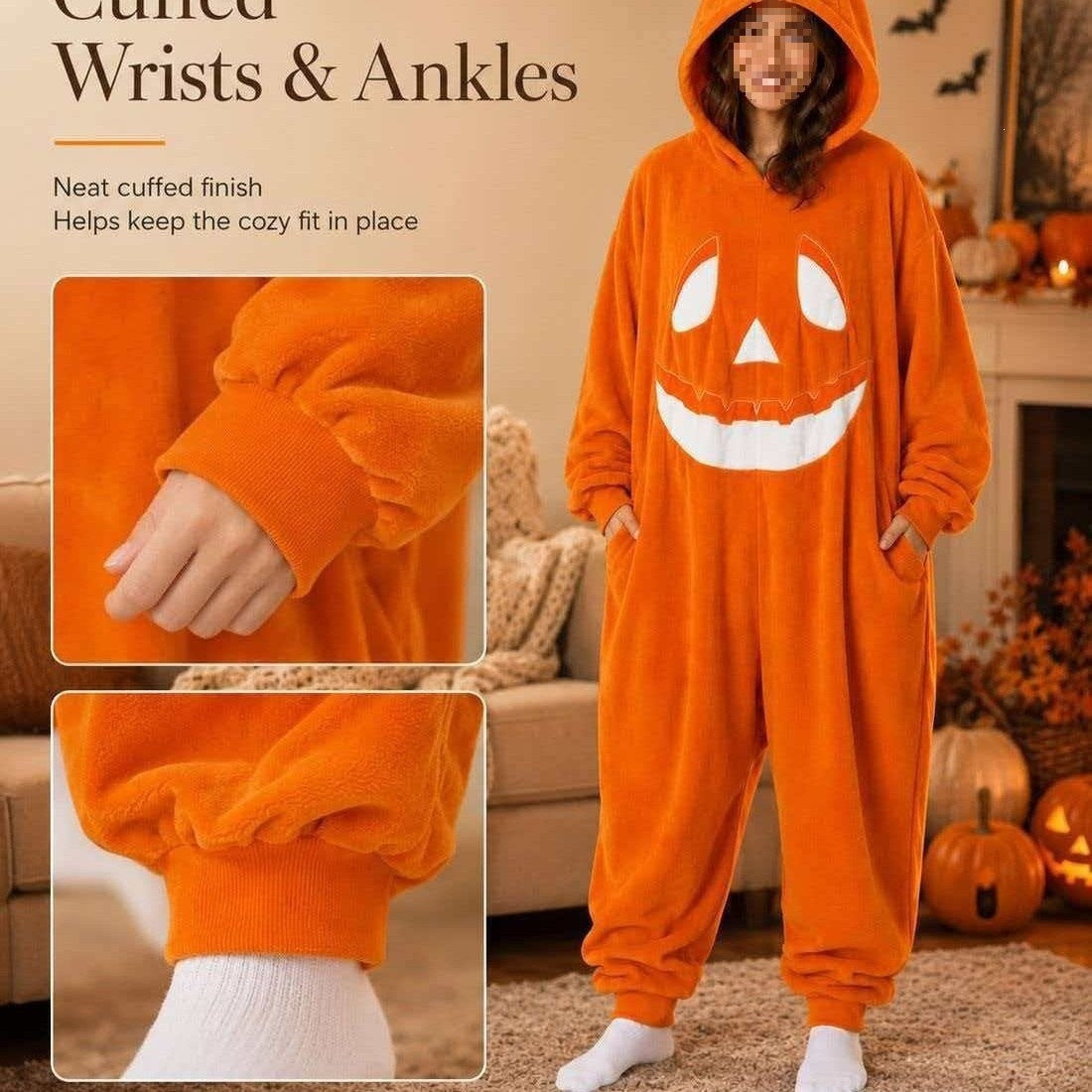 🎃 Unisex Pumpkin Halloween Onesie – Soft Plush Jumpsuit Pajamas with Hood & Pockets
