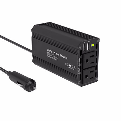 ⚡300W Car Power Inverter | DC 12V to 110V AC Converter | 2 AC Outlets & 2 USB‑A Ports, Aluminum Housing with Cooling Fan for Road Trip & Camping