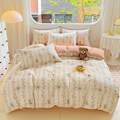 🌸 Sleep in Bloom，100% pure cotton four-piece bed sheet and quilt cover set