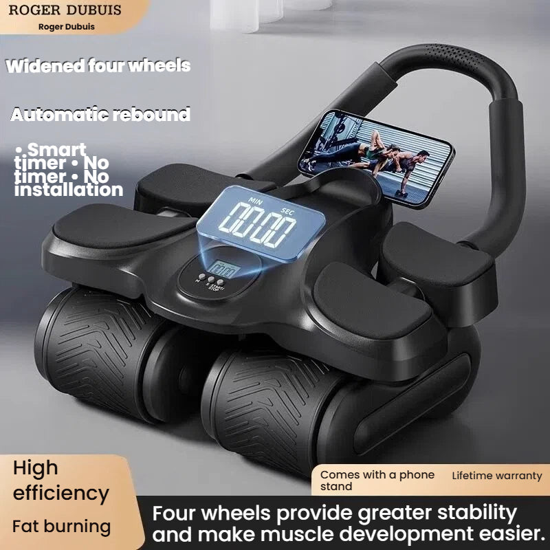 Ab Wheel Roller with Automatic Rebound – 4-Wheel Core Trainer with Timer, Phone Holder & Knee Pad