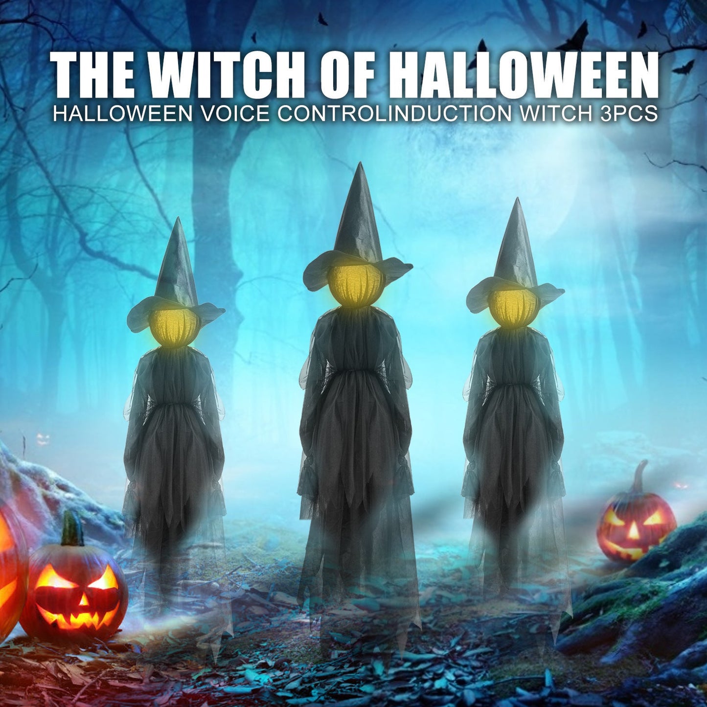 🧙♀️ 3 Pack Voice Control Light-Up Holding Hands Witch Decor