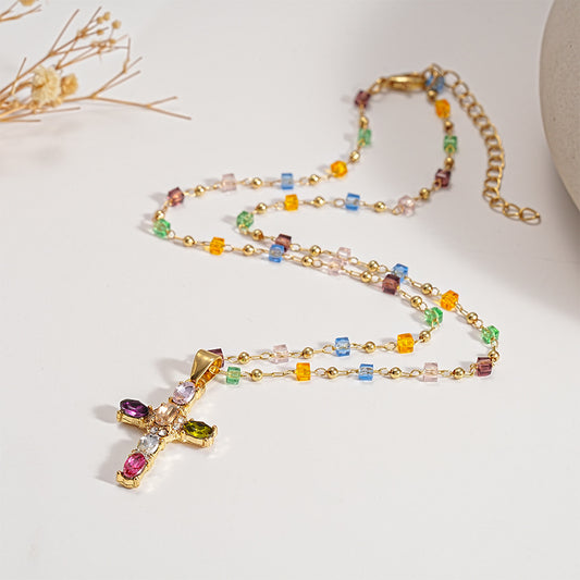 🌈 Rainbow Crystal Cross Pendant Necklace, Dopamine Colorful Beaded Gold Plated Clavicle Chain for Women