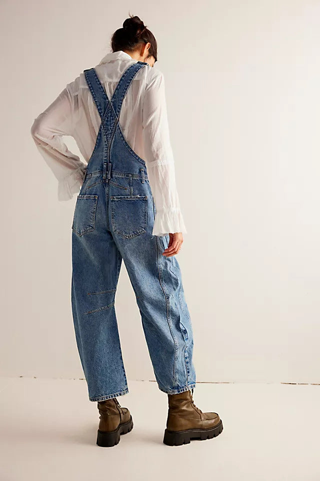 Women's Wide Leg Denim Overalls | Relaxed Barrel Fit Bib Jumpsuit
