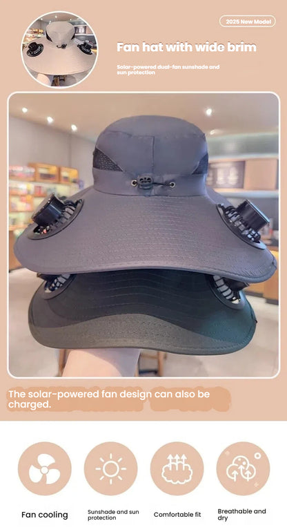Solar Fan Hat with Wide Brim for Sun Shade