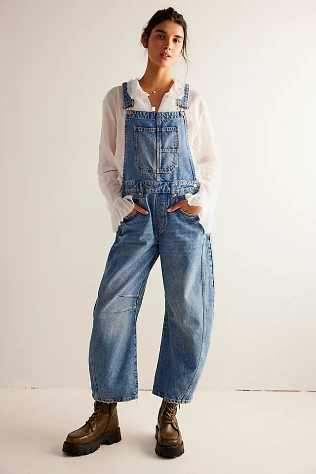 Women's Wide Leg Denim Overalls | Relaxed Barrel Fit Bib Jumpsuit