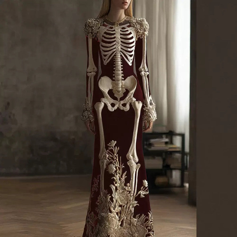 Halloween Skeleton Floral Maxi Gown | Long Sleeve Mermaid Dress