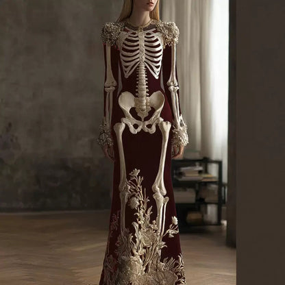 Halloween Skeleton Floral Maxi Gown | Long Sleeve Mermaid Dress