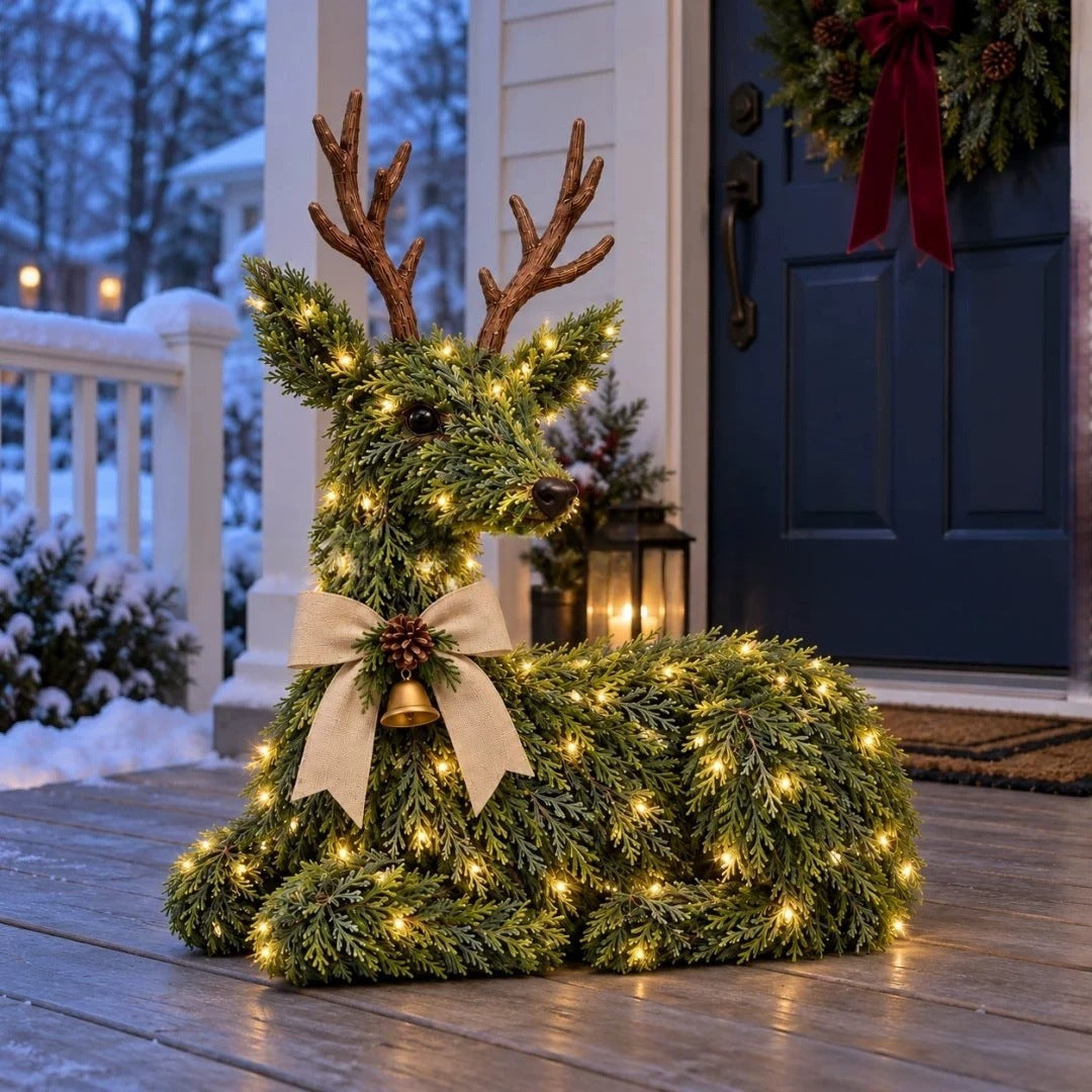 Christmas Evergreen Reindeer Decoration – Rustic Woodland Deer Figurine with Bow & Bell
