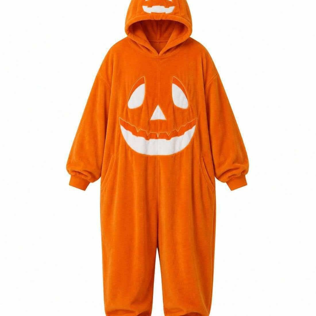 🎃 Unisex Pumpkin Halloween Onesie – Soft Plush Jumpsuit Pajamas with Hood & Pockets