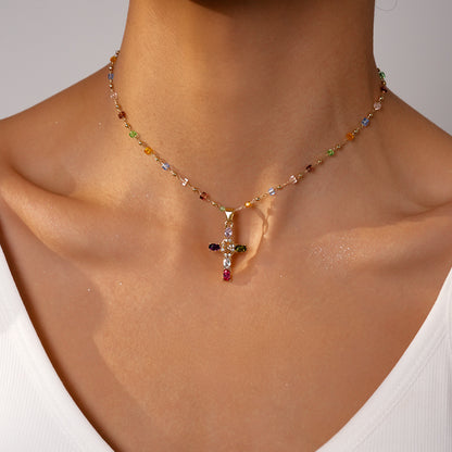 🌈 Rainbow Crystal Cross Pendant Necklace, Dopamine Colorful Beaded Gold Plated Clavicle Chain for Women