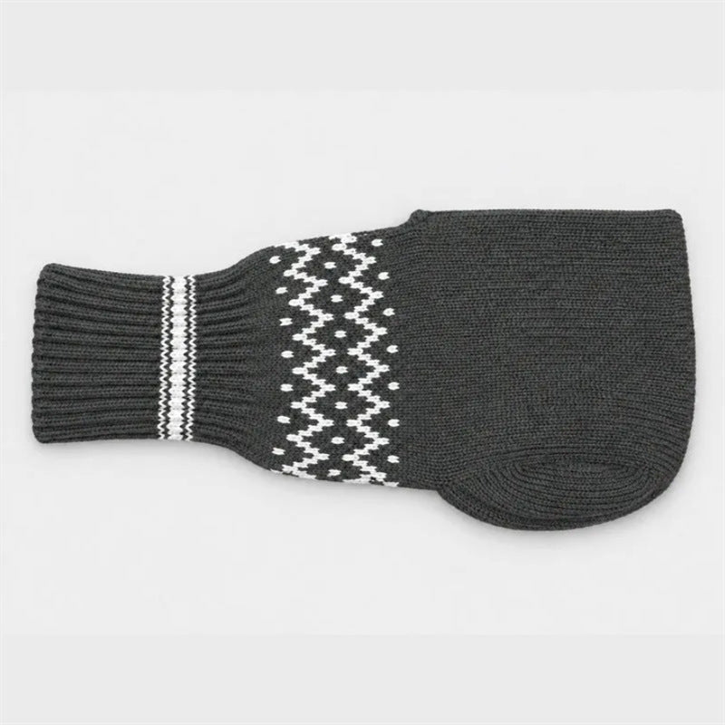 Close-up of gray knitted drink mitten showing the knit pattern and fingerless construction