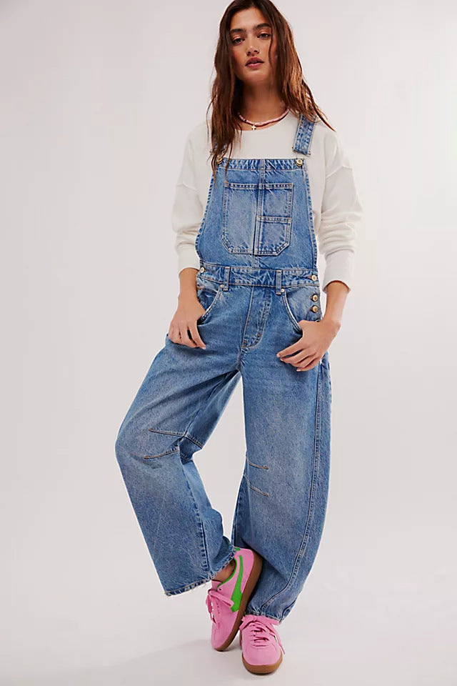 Women's Wide Leg Denim Overalls | Relaxed Barrel Fit Bib Jumpsuit