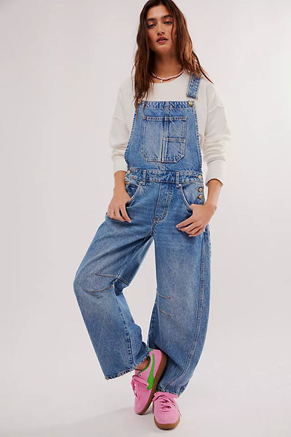 Women's Wide Leg Denim Overalls | Relaxed Barrel Fit Bib Jumpsuit