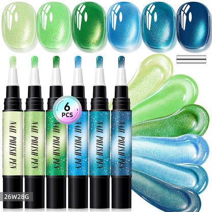 6-Piece One-Step Gel Nail Art Pen Set — Cat-Eye & Polarized Glitter, Salon Finish at Home