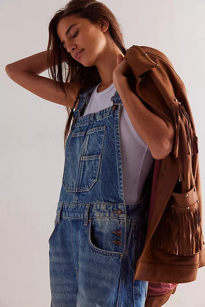 Women's Wide Leg Denim Overalls | Relaxed Barrel Fit Bib Jumpsuit
