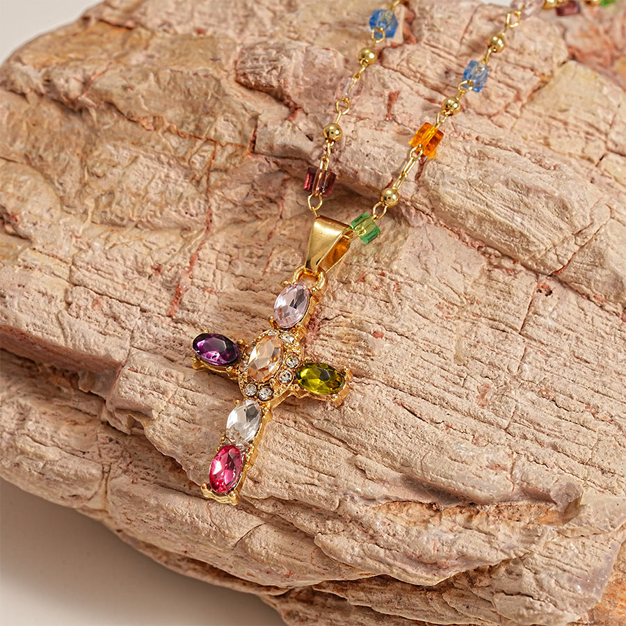 🌈 Rainbow Crystal Cross Pendant Necklace, Dopamine Colorful Beaded Gold Plated Clavicle Chain for Women