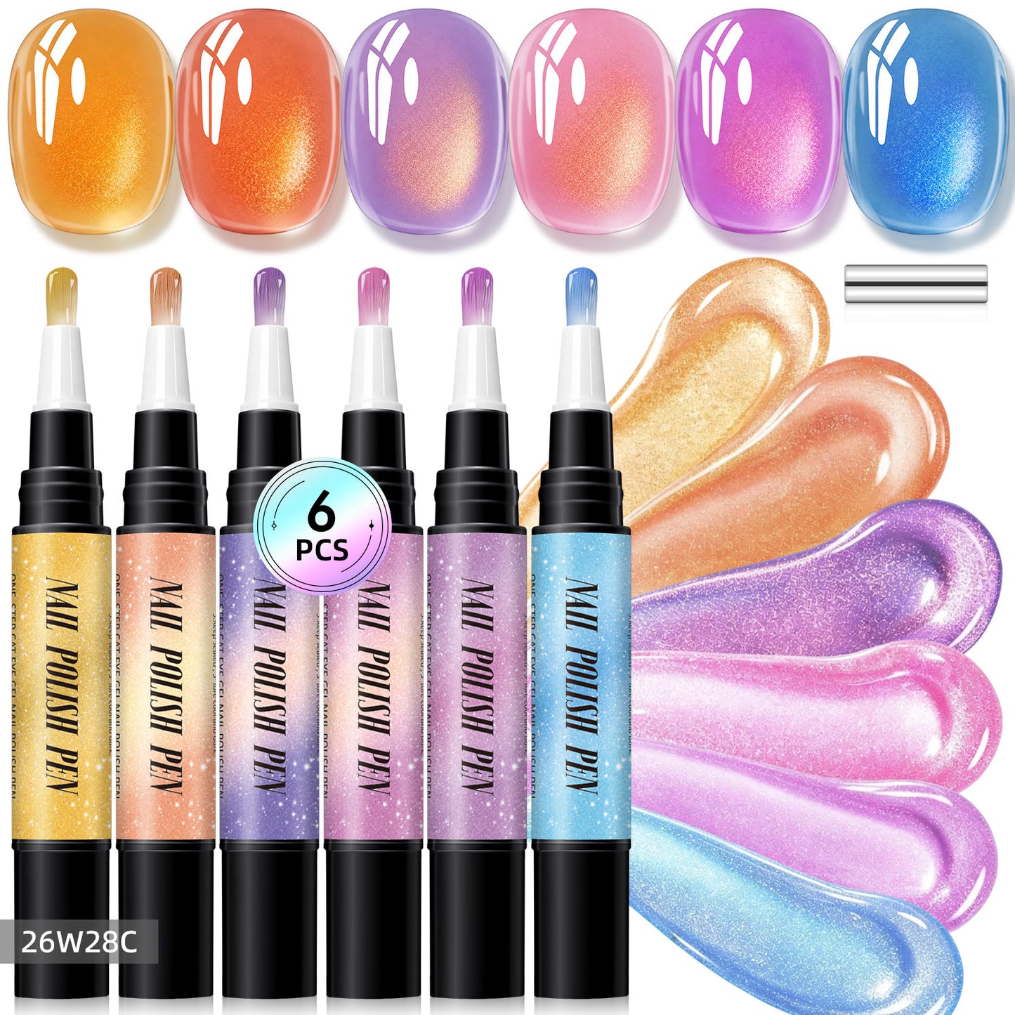 6-Piece One-Step Gel Nail Art Pen Set — Cat-Eye & Polarized Glitter, Salon Finish at Home