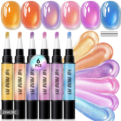 6-Piece One-Step Gel Nail Art Pen Set — Cat-Eye & Polarized Glitter, Salon Finish at Home