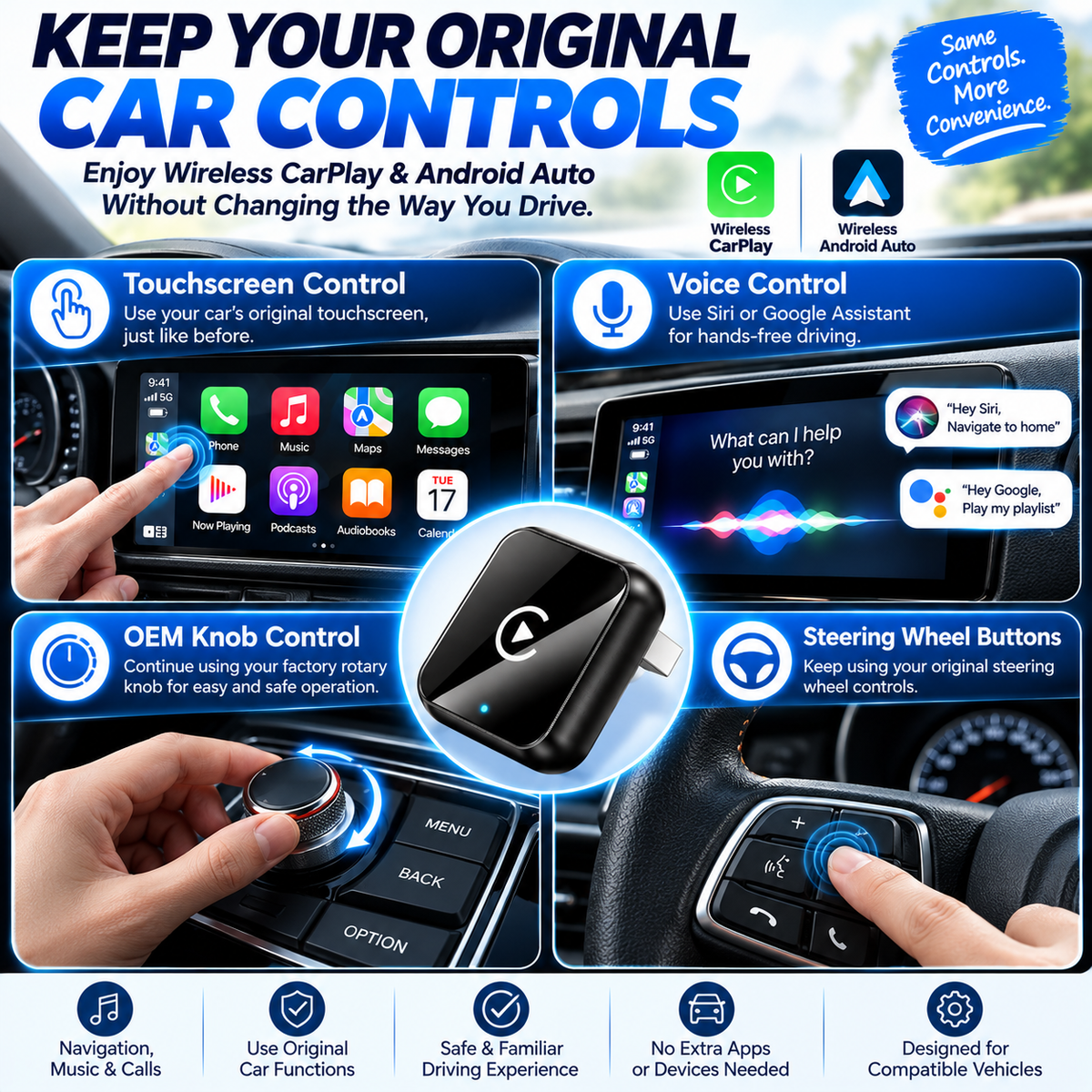 2-in-1 Wireless CarPlay & Android Auto Adapter – Plug & Play