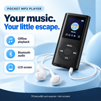Black pocket MP3 player with offline playback, Bluetooth audio and LCD screen; TF card not included