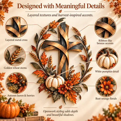 Autumn Cross & Pumpkin Harvest Metal Wall Decor