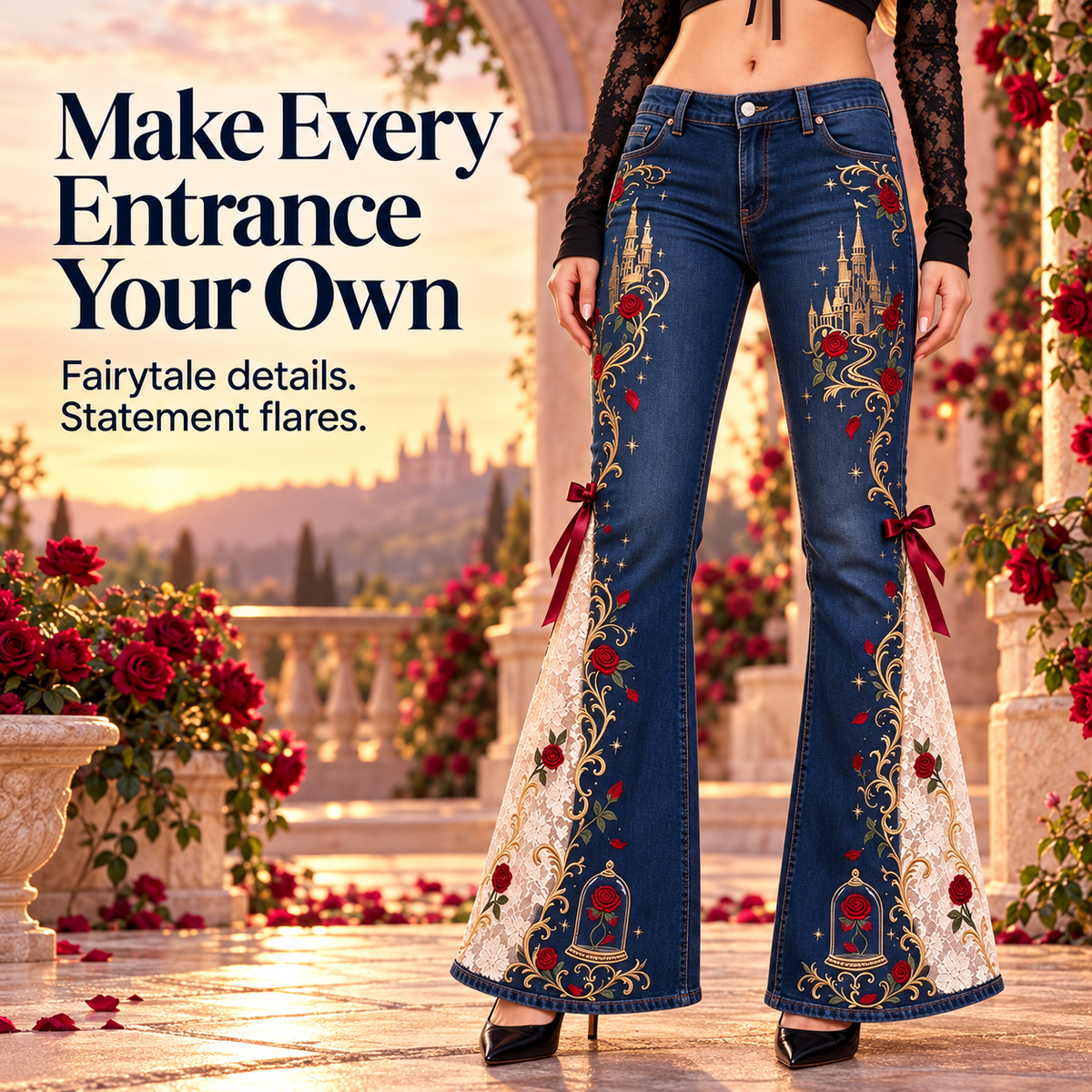 ✨PrincessLace Fairytale Flare Jeans with Lace Panels & Ribbon Bows 🎀